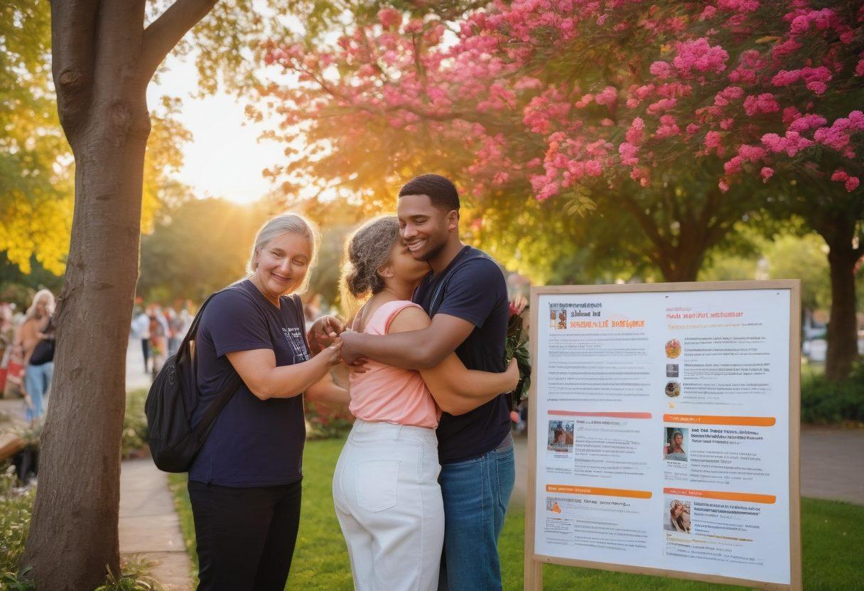 A diverse group of people gathered in a park, engaging in supportive conversations, with trees, flowers, and a warm sunset in the background. Emphasize their expressions of empathy and connection, perhaps one person offering a comforting touch to another. Include elements like a community notice board showing various local support events. super-realistic. vibrant colors. warm tones.