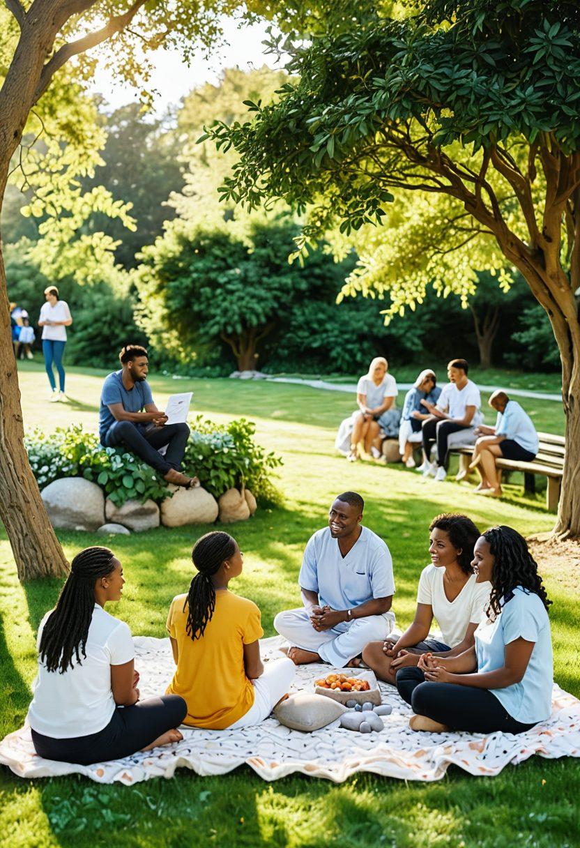 A vibrant community scene showing diverse people engaging in supportive conversations, surrounded by nature and symbols of mental wellness like plants and healing stones. Incorporate warm colors and gentle light to evoke a sense of comfort and connection. Add visual elements like speech bubbles with uplifting words and soft art styles. watercolor. vibrant colors. calming atmosphere.