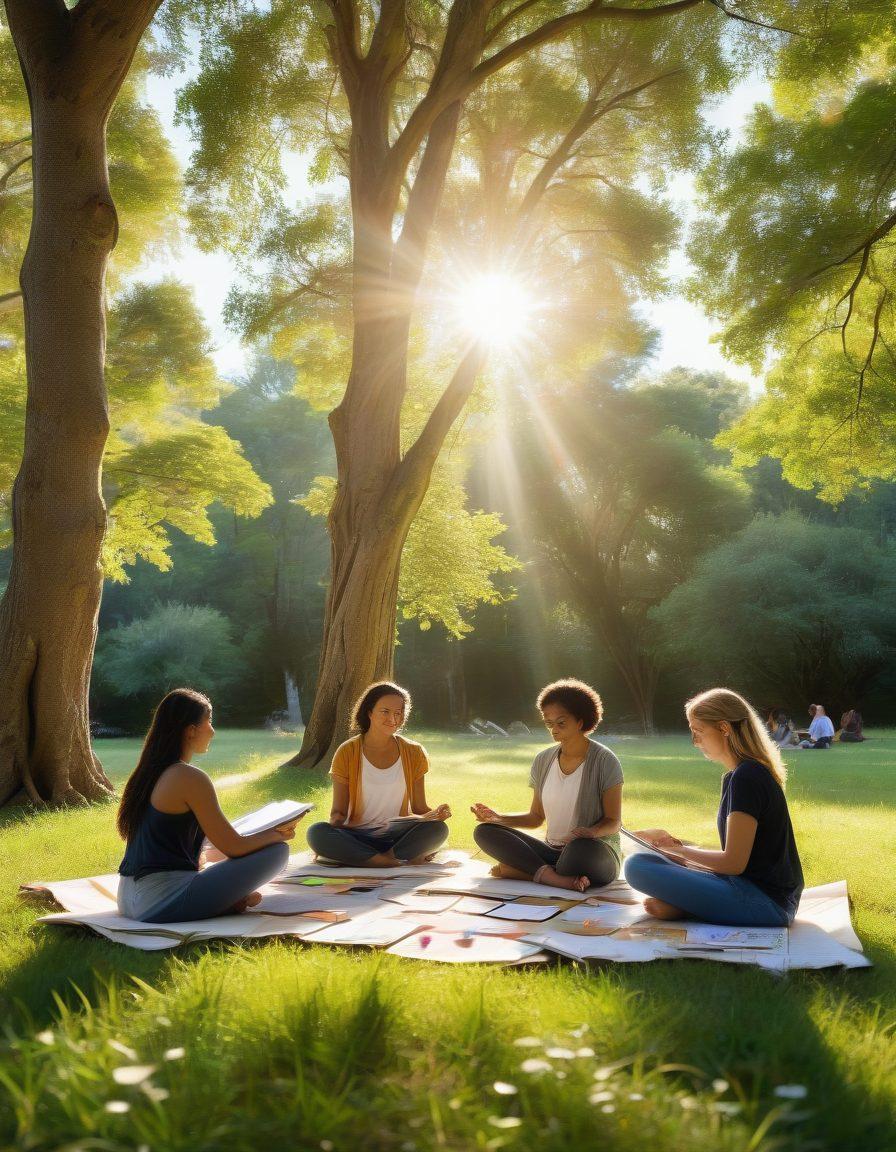 A serene scene displaying a diverse group of individuals engaging in various wellness activities, such as meditation, journaling, and group therapy, surrounded by nature. Elements like healing crystals, books on mental health, and calming colors emphasize tranquility. A gentle sunlight filters through trees, creating an inviting atmosphere. super-realistic. vibrant colors. soft focus.